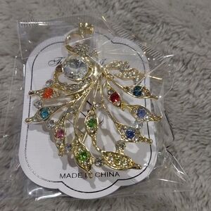 NWT Gold Multi-Color Crystal Peacock Brooch